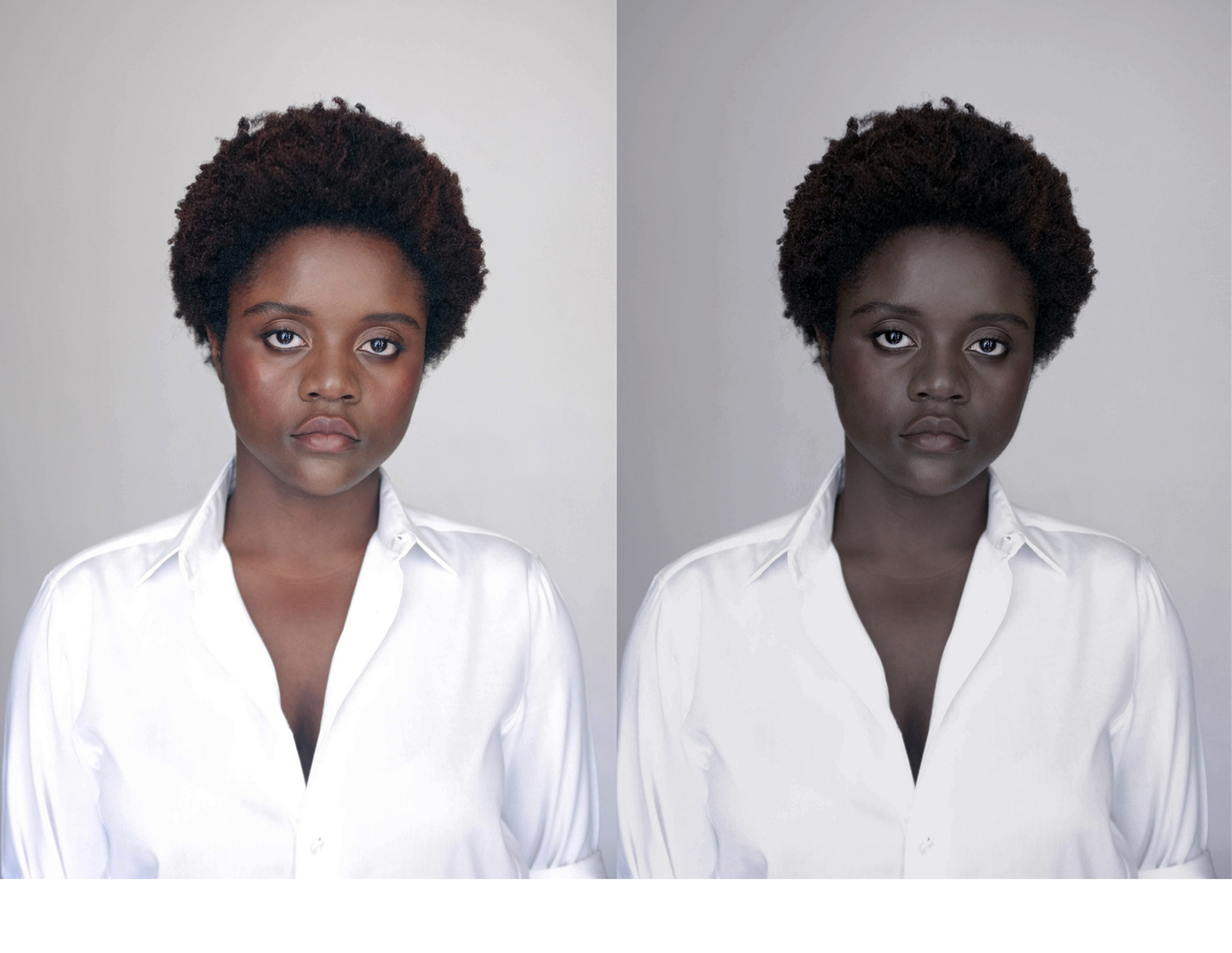 Two photos of the same Black person are placed side by side above a white bar. In the photo on the left the person appears to have lighter skin than the photo on the right.