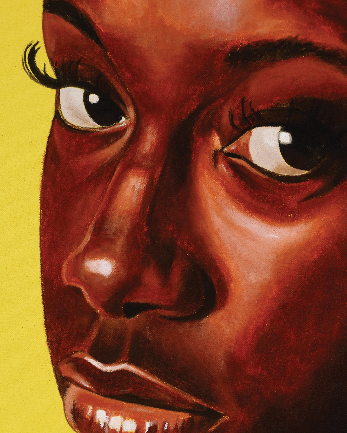 A reimagined painting of the Girl with a Pearl Earring featuring a Black girl looking directly at the camera with a strong gaze. She has long, detailed eyelashes, and her expression is calm but intense.